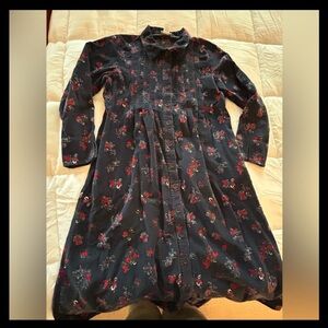 The Vermont Country Store Corduroy Pintuck Dress Size L Navy Blue Floral Prairie